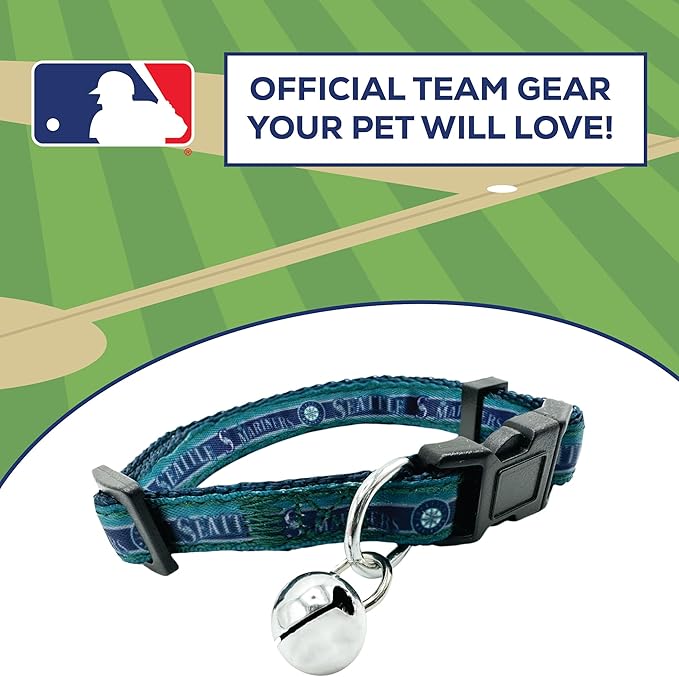 MLB CAT Collar Seattle Mariners Satin Cat Collar Baseball Team Collar for Dogs & Cats. A Shiny & Colorful Cat Collar with Ringing Bell Pendant