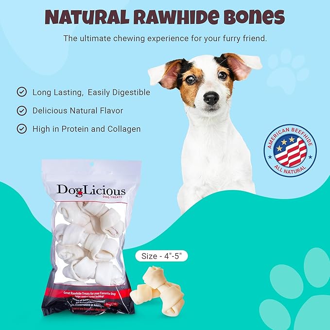 Dog Natural Rawhide Bones, Dog Chew Treats, Long Lasting Dog Chews, Knotted Bones 4”-5” (50873)