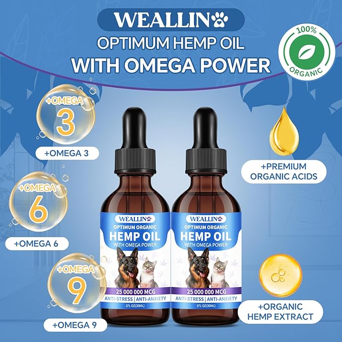 Hemp Oil for Dogs and Cats - Omega-3, 6, 9 Rich Organic Extract - Eases Pet Anxiety, Pain, Skin & Coat Health - Stress Relief, Hip & Joint Support - Calming Treats (2 Pack)