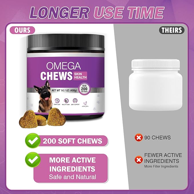 Omega 3 for Dogs Skin and Coat Supplement for Dogs Dog Allergy Chews Dog Itching Skin Relief Fish Oil for Dogs Dry Skin for Dogs Treatment Dog Salmon Oil Supplement 200 Tablets Omega 3 Chews for Dogs
