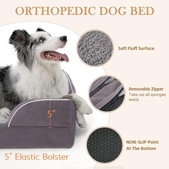 Waterproof XL Dog Bed Orthopedic Foam Dog Beds, Extra Large Dog Bed with Bolster, Washable Dog Bed Sofa Pet Bed with Removable Cover & Non-Slip Bottom(X-large,Purple)