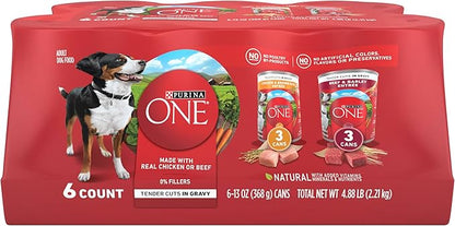 Purina ONE Tender Cuts in Gravy Chicken and Brown Rice, and Beef and Barley Entrees Wet Dog Food Variety Pack - (2 Packs of 6) 13 oz. Cans