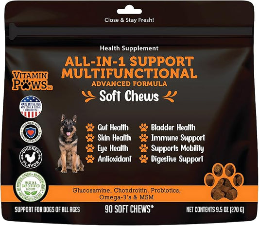 All-in-1 Multivitamin Dog Vitamins and Supplements | Soft Chews with Probiotics, Turmeric, Glucosamine, Omega Fish Oil, Digestive Enzymes for Hip and Joint Support, Skin and Coat Health