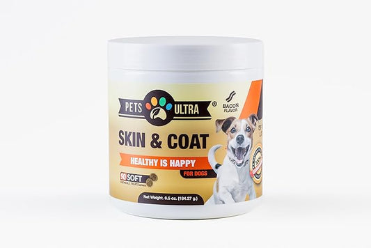 Skin & Coat Supplement for Dogs 90 Shew Treats, Bacon Flavor, Flax Seed Oil Omega 3,6 and 9, Wild Alaska Salmon Oil,Biotin, Skin Allergy, Itch Relief, Hot Spots Treatment.
