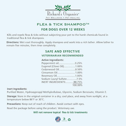 Richard’s Organics Flea and Tick Shampoo for Dogs – 100% All-Natural Actives Kills Fleas, Ticks and Repels Mosquitos – Gentle, Won’t Dry Skin, Great Smelling Essential Oils (12oz bottle),FG00440