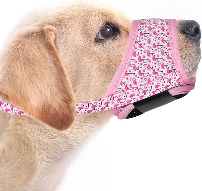 LUCKYPAW Dog Muzzle, Soft Dog Muzzles for Small Medium Large Dogs, Breathable Muzzles to Stop Biting and Chewing with Pattern, Allows Panting and Drinking(Pink Flamingo,S)