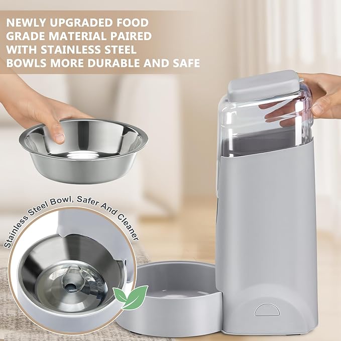 2 Pack Automatic Cat Feeder and Water Dispenser with Stainless Steel Dog Bowl Gravity Self Feeding for Small Medium Pets Puppy Kitten 1 Gallon x 2 (Pink) (grey)