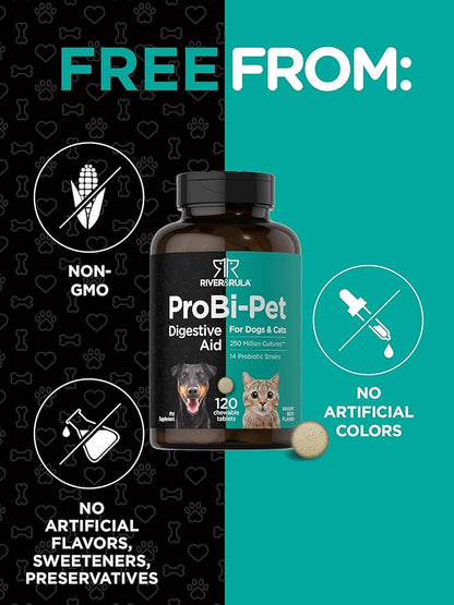 Horbäach Probiotics for Dogs & Cats | 120 Chewable Tablets | Digestive Aid | with 14 Probiotic Strains | Savory Beef Flavored Pet Supplement | by River & Rula