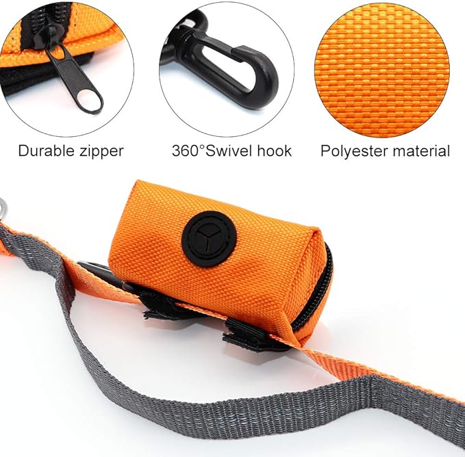 SLSON Pet Waste Bag Dispenser Zippered Pouch,Portable Dog Poop Bag Holder Leash Attachment Lightweight Fabric Bags (Orange)