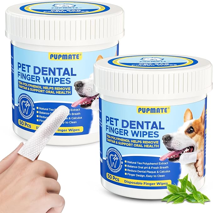 Dental Care Wipes for Dog- Teeth Cleaning Finger Wipes for Plaque and Tartar Removal, Safe & Gentle Disposable Toothbrush Wipes for Fresh Breath & Gum Care - 100 Pcs