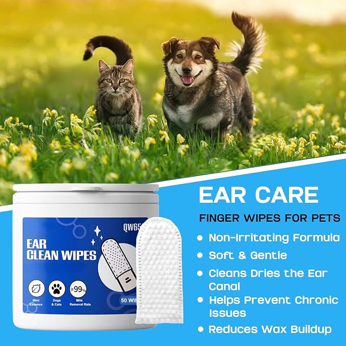 Ear Cleaner Wipes, Dogs & Cats Grooming Kit, Safe and Non-Irritating, Mint Extract, Gently Remove Ear Wax, Deodorizes, 150 Count (Ear Finger Wipes (100 Count))