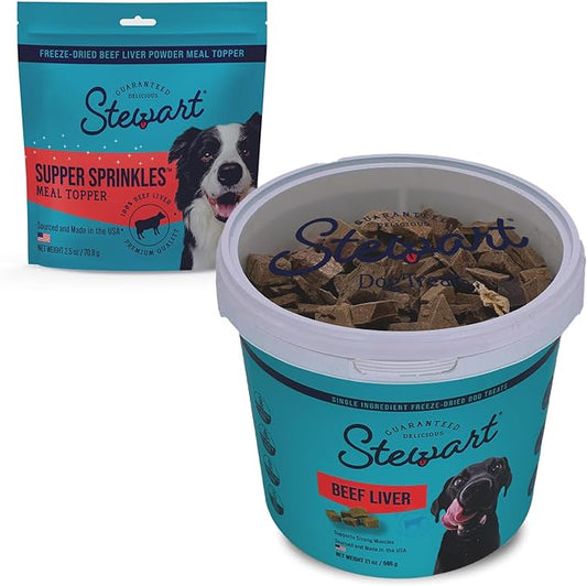 Stewart Beef Liver Freeze Dried Dog Treats and Supper Sprinkles, Resealable Containers, Grain Free & Gluten Free, Single Ingredient, Dog Training Treats; 21 oz Resealable Tub & 2.5 oz Resealable Bag
