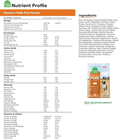 Open Farm Farmer's Table Pork Grain-Free Dry Dog Food, Family Farmed Pork Recipe with Non-GMO Superfoods and No Artificial Flavors or Preservatives, 22 lbs