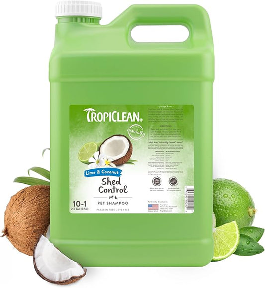 TropiClean Lime & Coconut Deshedding Dog Shampoo for Shedding Control | Natural Pet Shampoo Derived from Natural Ingredients | Cat Friendly | Made in the USA | 2.5 gal.