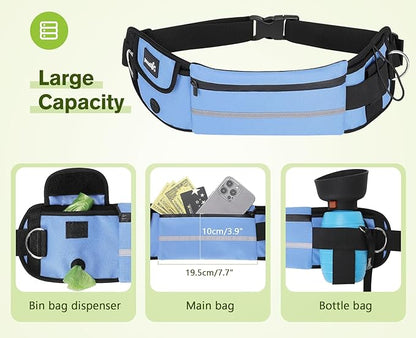Pecute Hands Free Dog Leash with Pouch, Waist Belt Fanny Pack with Soft Pads, Dual Padded Handles, and Durable Bungee for Walking, Hiking, Jogging Biking, and Running (Up to 220lbs) Blue
