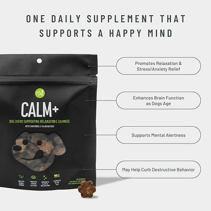 Calm+ Stress Support Dog Supplement Chews, 90 Soft Chews, Chicken Flavor, Supports Sleep & Relaxation, with Chamomile & Valerian Root, PhD Animal Nutritionist Formulated, Produced in USA
