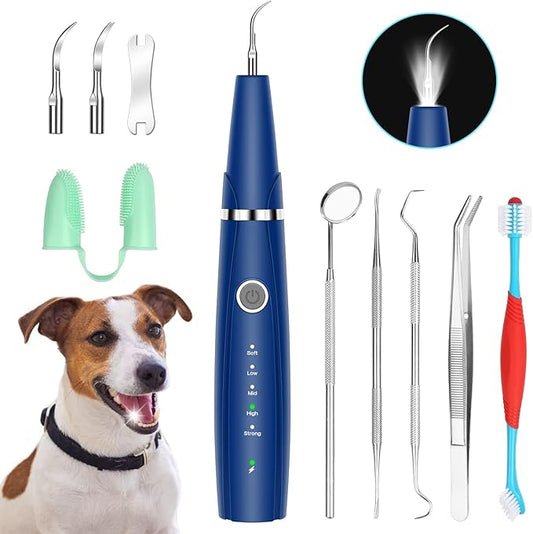 Ultrasonic Dog Teeth Cleaning Kit for Pet Teeth Cleaning, Dog Plaque Remover for Teeth, 5 Modes Dog Tartar Remover for Teeth Care to Remove Stains Calculus, 10 in 1 Pet Cleaner Toothbrush (Blue)