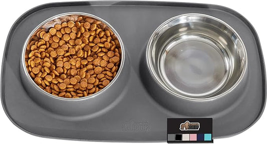 Gorilla Grip 100% Waterproof BPA Free Cat and Dog Bowls Silicone Feeding Mat Set, Stainless Steel Bowl Slip Resistant Raised Edges, Catch Water, Food Mess, No Spills, Pet Accessories, 4 Cup, Gray