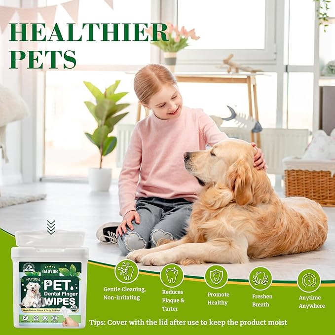 Pet Teeth Cleansing Finger Wipes for Dogs and Cats, Disposable No-Rinse Dog Finger Toothbrush Oral Cleansing Wipes, Reduces Plaque and Freshens Breath Dog Cat Dental Care Finger Wipes, 50 Counts