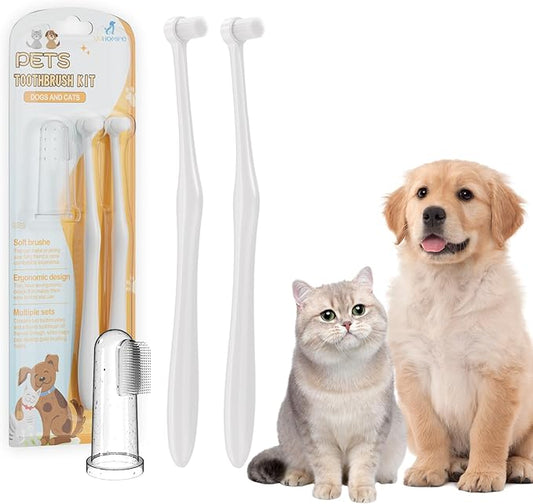 Premium Pet Toothbrush Set for Cats and Dogs - Complete Oral Care with Soft Bristles - Ideal for Teeth Cleaning, Dental Hygiene, Plaque Removal - Veterinarian Recommended-White