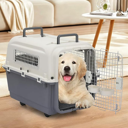 MoNiBloom 32-Inch Plastic Carrier on Wheels for Small/Medium Dogs and Cats, Multifunction Hard Cat Carrier Dog Kennel Ventilation and Security Lock Design for Pets up to 30 Pounds
