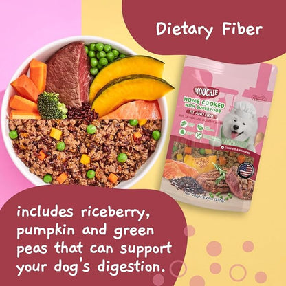 MOOCHIE Home Cooked Superfood Natural Wet Dog Food Recipe - Fit & Firm - Made with Beef, Salmon, and Riceberry - No Added Preservatives or Artificial Flavoring - 9 oz x 6 Pouches