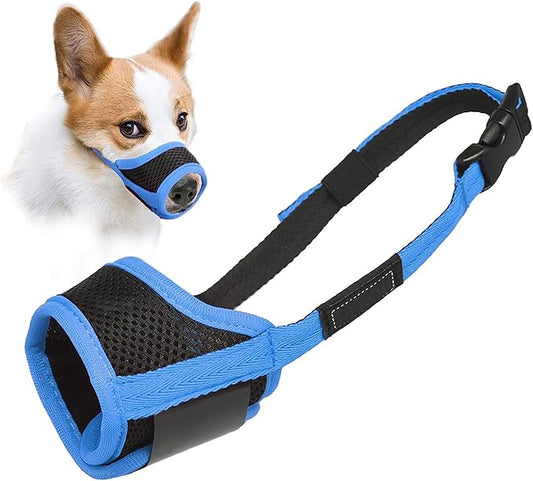 LUCKYPAW Dog Muzzle Anti Biting Barking and Chewing with Comfortable Mesh Soft Fabric and Adjustable Strap, Suitable for Small, Medium and Large Dogs(Blue Trim,XS)