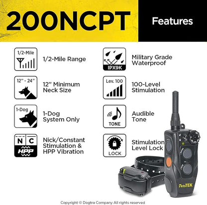 Dogtra 200NCPT Electronic Dog Training Collar with Remote for Small Dogs to Large Dogs - 2640 ft range, Vibration, Tone, 100 Stimulation Levels, Safety Lock, Waterproof, Rechargeable, PetsTEK Edition