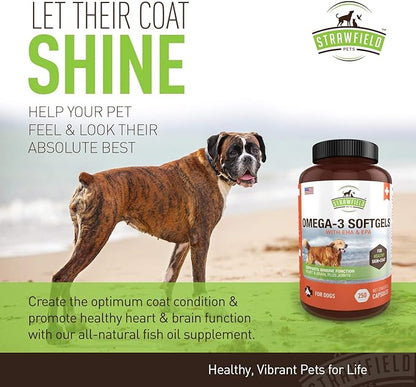 Strawfield Pets' Omega 3 Fish Oil for Dogs Dog Fish Oil Pet Supplement for Joint Support & Pain Relief Allergy Itch Shedding Healthy Coat Dry Itchy Skin Hot Spots USA 1000 mg EPA DHA 250 Softgel Pills