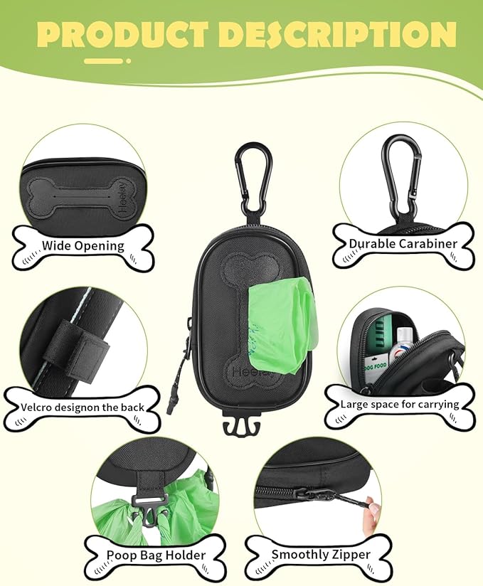 Dog Poop Bag Holder for All Leashes,Hand Free Doggie Waste Bag Dispenser-Velcro/Hook/Carabiner,Dog Poop Bag Dispenser for Leash,Wide Opening,Leash Attachment for Dog Walking,Poop Bags EXCLUDED,Black
