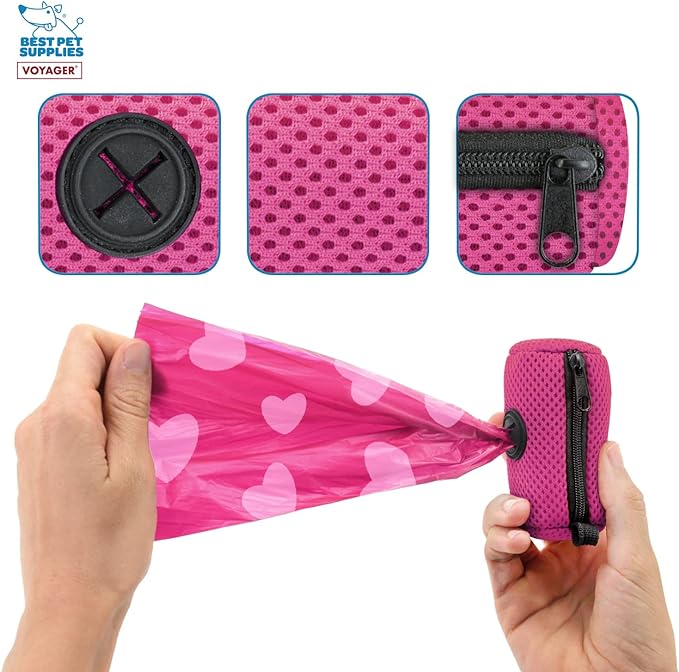 Best Pet Supplies Dog Poop Bag Holder Leash Attachment with 15 Bags, Fuchsia, Reusable Mesh Dispenser Pouch for Travel, Walking, Park, and Outdoor Use, Soft and Durable with Clip-On