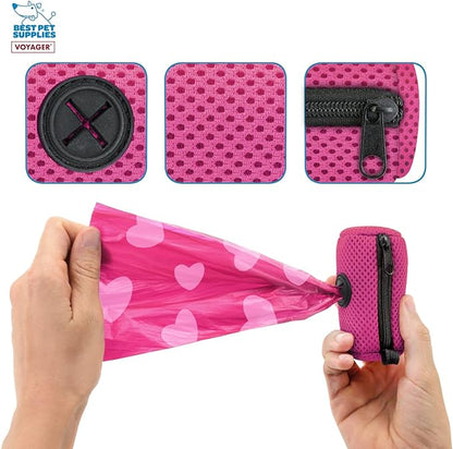 Best Pet Supplies Dog Poop Bag Holder Leash Attachment with 15 Bags, Fuchsia, Reusable Mesh Dispenser Pouch for Travel, Walking, Park, and Outdoor Use, Soft and Durable with Clip-On