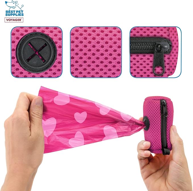 Best Pet Supplies 2-Pack Dog Poop Bag Holder Leash Attachment, Color, Reusable Mesh Dispenser Pouch for Travel, Walking, Park, and Outdoor Use, Soft and Durable with Clip-On - Mesh Fuchsia