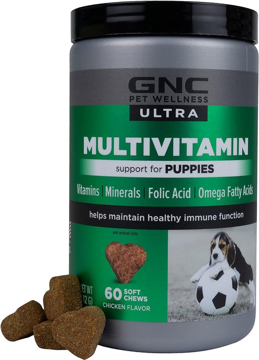 GNC Pets Ultra Multivitamin Soft Chews, Puppies, Chicken Flavor. 60-ct in 4.6 Oz Canister | Multivitamins for Puppies in Chicken Flavored Chewables from Pets Ultra