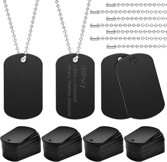 200Pcs Military Dog Tags, Rectangle Blank Metal Stamping Tags Set Including 100Pcs Aluminum Blank Dog Tags 100Pcs Ball Steel Chains Personalized Pets Tags for DIY Decorative Craft (Black)