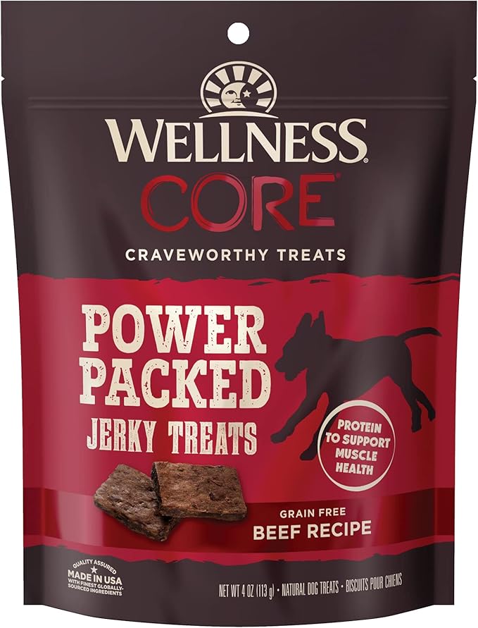 Wellness CORE Power Packed Dog Treats (Previously Pure Rewards), Grain-Free Tender Jerky Treats, Made in USA (Beef Recipe, 4-Ounce Bag)