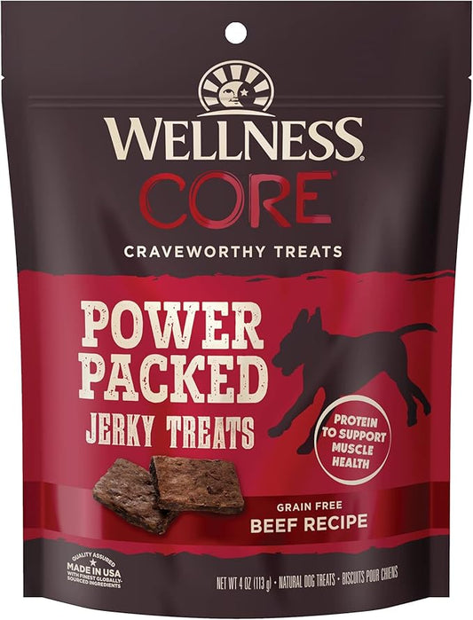 Wellness CORE Power Packed Dog Treats (Previously Pure Rewards), Grain-Free Tender Jerky Treats, Made in USA (Beef Recipe, 4-Ounce Bag)