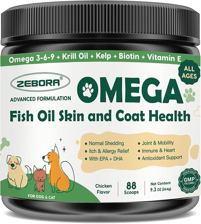 Omega 3 Fish Oil for Dogs, Dog Fish Oil Powder, Wild Caught Fish Oil, EPA&DHA, Krill Oil, Kelp, Dog Skin and Coat Supplement, Anti Itch & Shedding, Support Dry Skin, Joint Health, 88 Servings