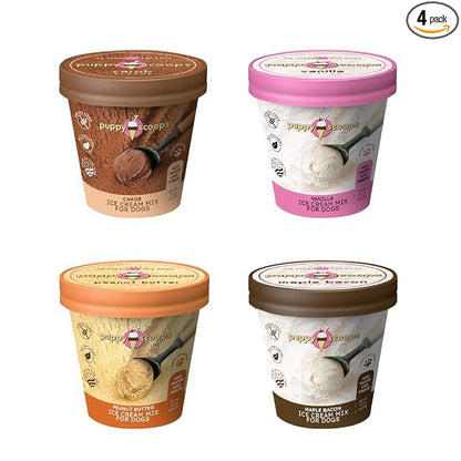 Dog Ice Cream Mix - Just Add Water and Freeze at Home, Powder Mix with Ice Cream Cup and Reusable Lid, Variety Pack of 4 Pints of Ice Cream Mix for Dogs by Puppy Scoops, 4 count 4.65 oz Made in USA