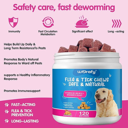 Flea & Tick Prevention for Dogs Chewable, 120 Flea and Tick Supplement for Dogs, Dog Flea & Tick Control Supplement, Flea and Tick Chews for Dogs, Oral Flea Pills for All Dogs
