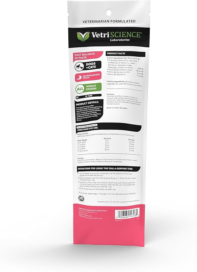 VetriScience Fast Balance GI Paste for Dogs and Cats, 35cc - Gastro Intestinal Support for Gut Health and Food Sensitivites