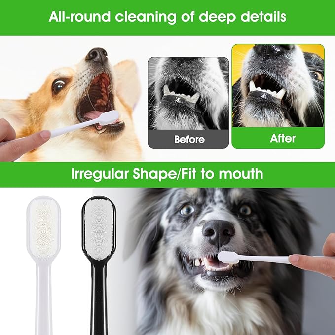 Dog Toothbrush, 4 Pcs Soft Dog Tooth Brushing Kit, Puppy Toothbrush Long Handle Pet Toothbrush Universal for Pet Dogs Teeth Cleaning and Oral Care Dental Hygiene Convenient (Black, White)