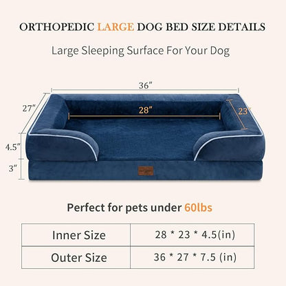 Large Dog Beds, Waterproof Dog Beds Orthopedic Foam, Large Dogs Sofa Comfy Pet Bed with Washable Removable Cover & Non-Slip Bottom(Large,Navy Blue)