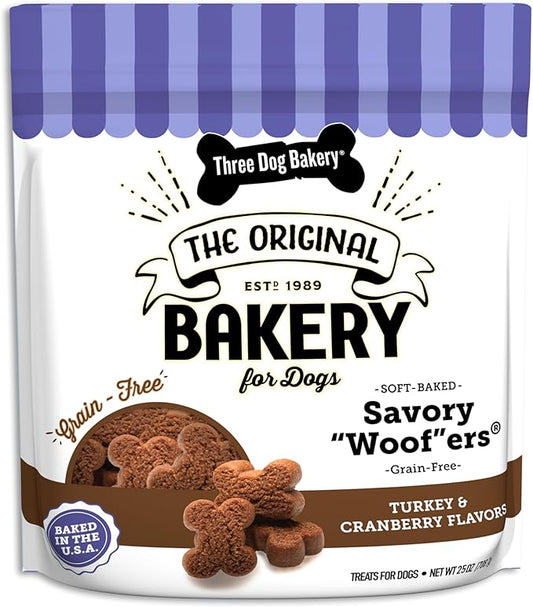 Three Dog Bakery Soft Baked Grain Free Meaty Woofers, Turkey and Cranberry Flavor, Premium Treats for Dogs, Brown, 25 oz