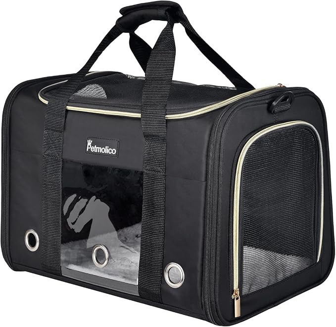 Petmolico Cat Carrier Dog Carrier, Airline Approved Soft Pet Travel Carrier with 3 Open Doors Mesh Windows for Cats Puppy 16 lbs, Black
