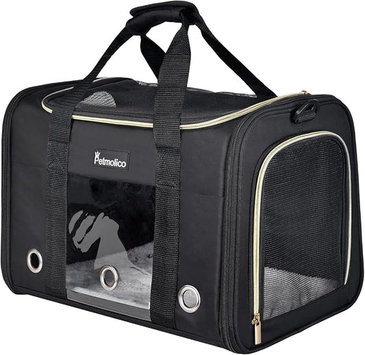 Petmolico Cat Carrier Dog Carrier, Airline Approved Soft Pet Travel Carrier with 3 Open Doors Mesh Windows for Cats Puppy 16 lbs, Black
