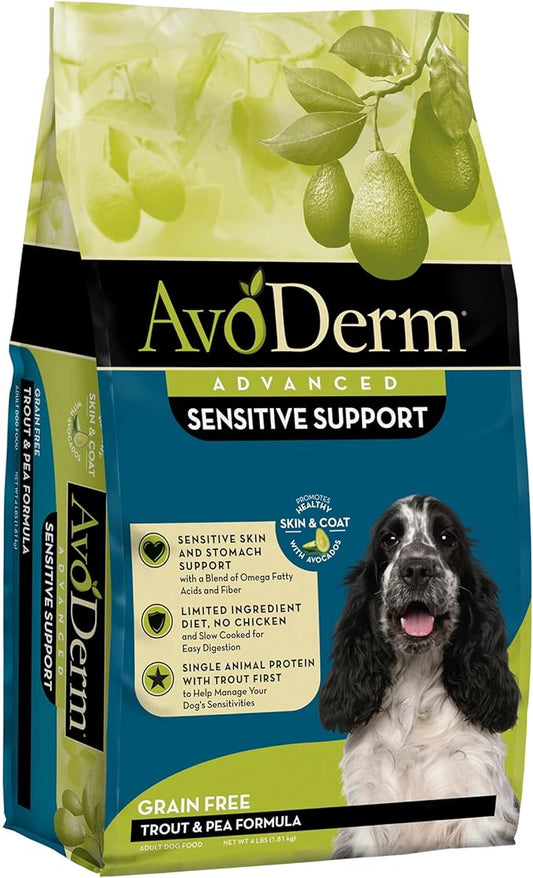 AvoDerm Advanced Sensitive Support Grain-Free Trout & Pea Formula Dry Dog Food, Sensitive Stomach, 4lb