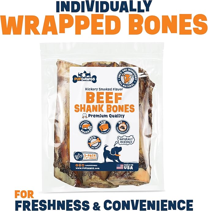 Dog Bones for Aggressive Chewers | 7-8" Hickory Smoked Flavor Beef Shank Bones | Dog Bones for Medium Dog | All Natural Dog Bone Treats Made in The USA - Individually Wrapped (3 Piece Pack)
