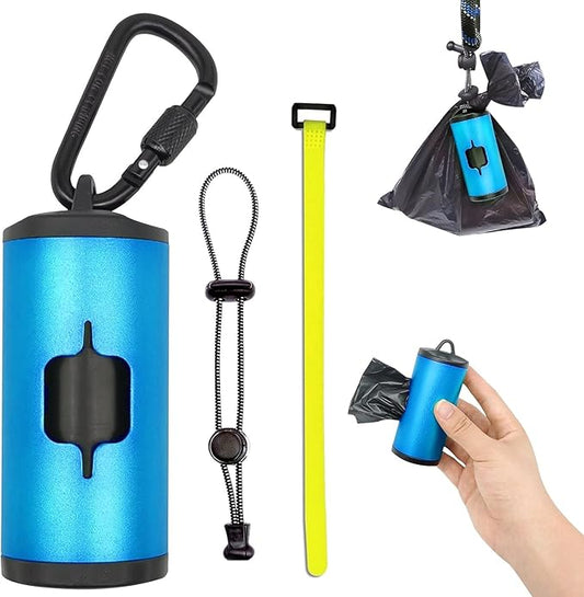 Metal Dog Poop Bags Holder Aluminum Poo Bags Dispenser with 15 Black Unscented Pet Waste Bags and 3 Leash Accessories for Dog Walking(1 Holder 15 Bags,Blue)