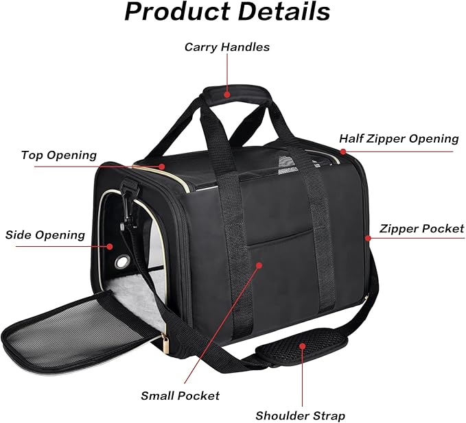 Petmolico Cat Carrier Dog Carrier, Airline Approved Soft Pet Travel Carrier with 3 Open Doors Mesh Windows for Cats Puppy 16 lbs, Black